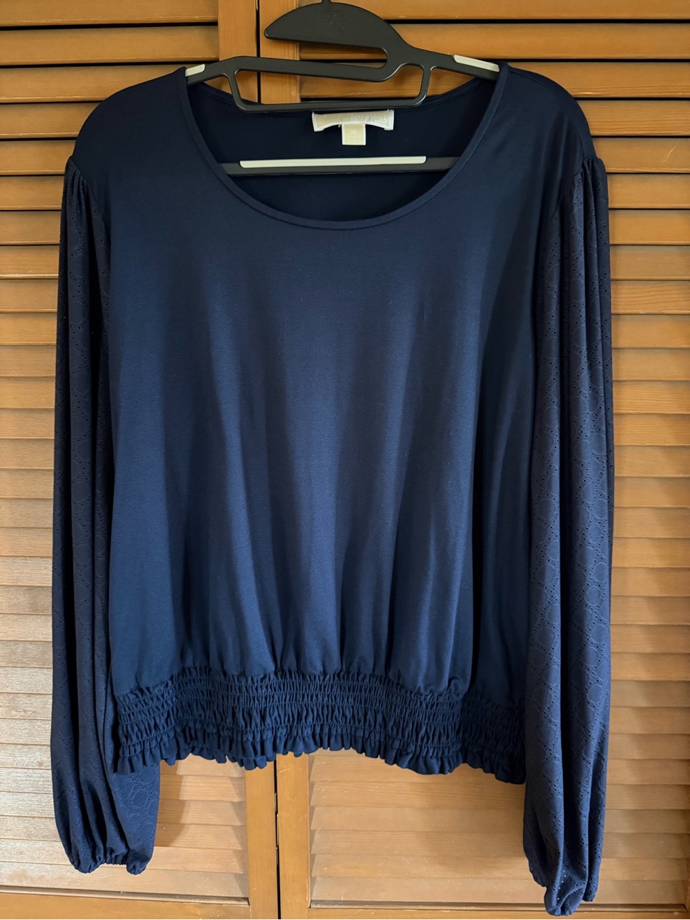 Michael Kors Navy Smocked-Hem Long Sleeve Blouse